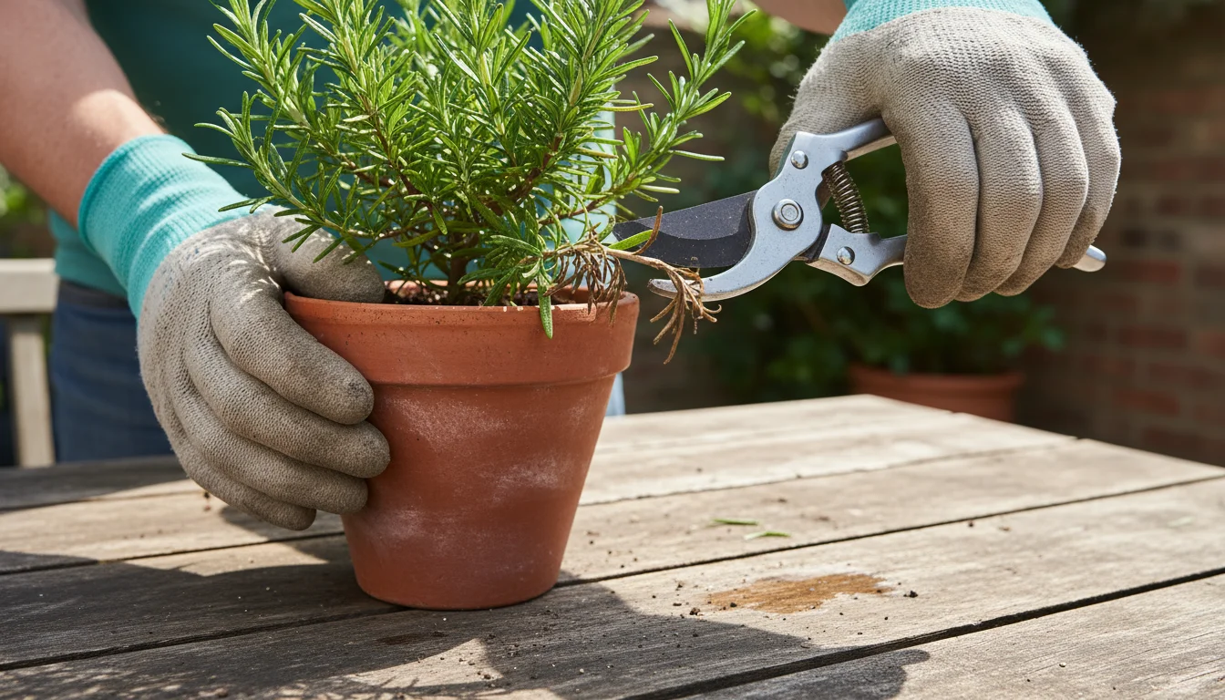 A person in gardening gloves carefully positions clean pruners above a distinct brown, diseased stem on a potted rosemary plant on a sunlit patio tabl