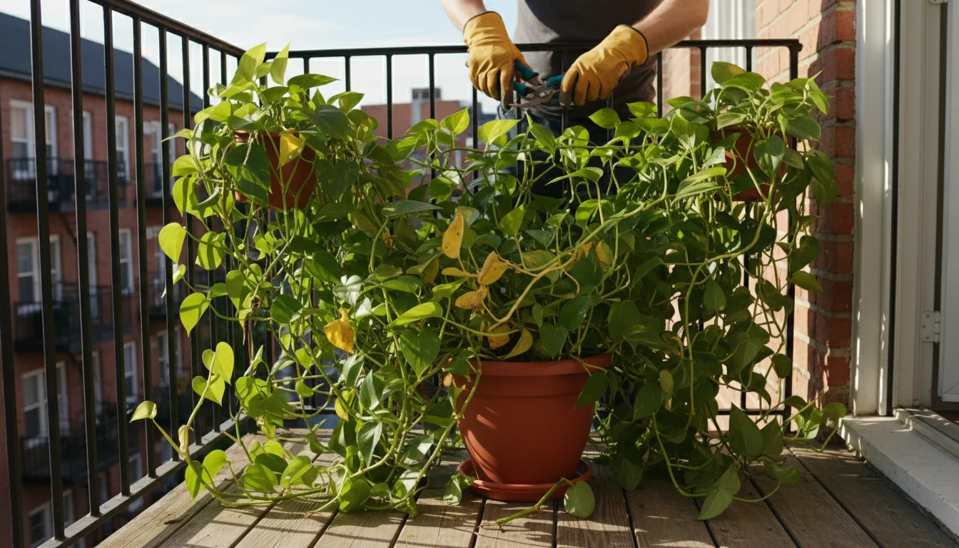 Person in gardening gloves prunes an overgrown Pothos plant with hand pruners on a sunny balcony, with clipped stems beside the pot.