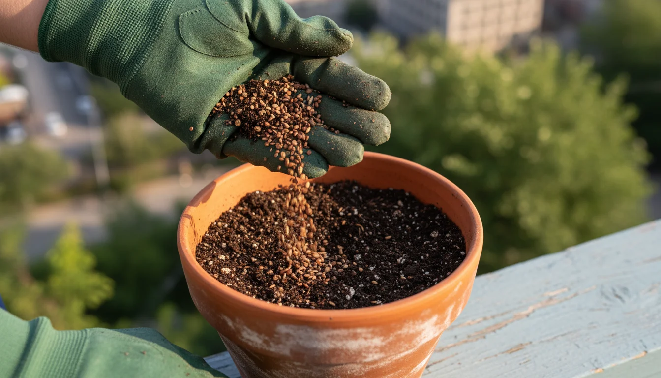 A person in gardening gloves sows cover crop seeds into fresh soil in a terracotta pot next to a pot of tired soil.