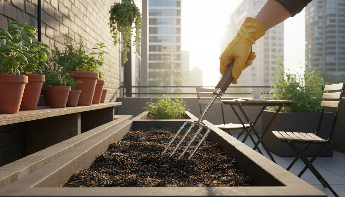 Person with gardening gloves uses a garden fork to loosen dark soil in a modern rectangular elevated planter on a sunlit patio.