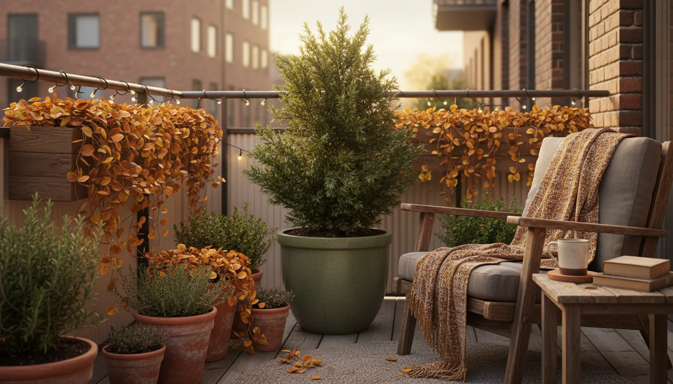 A person's gloved hand hovers over a container pot with dried leaves on an urban balcony, surrounded by other pots, some cleared.