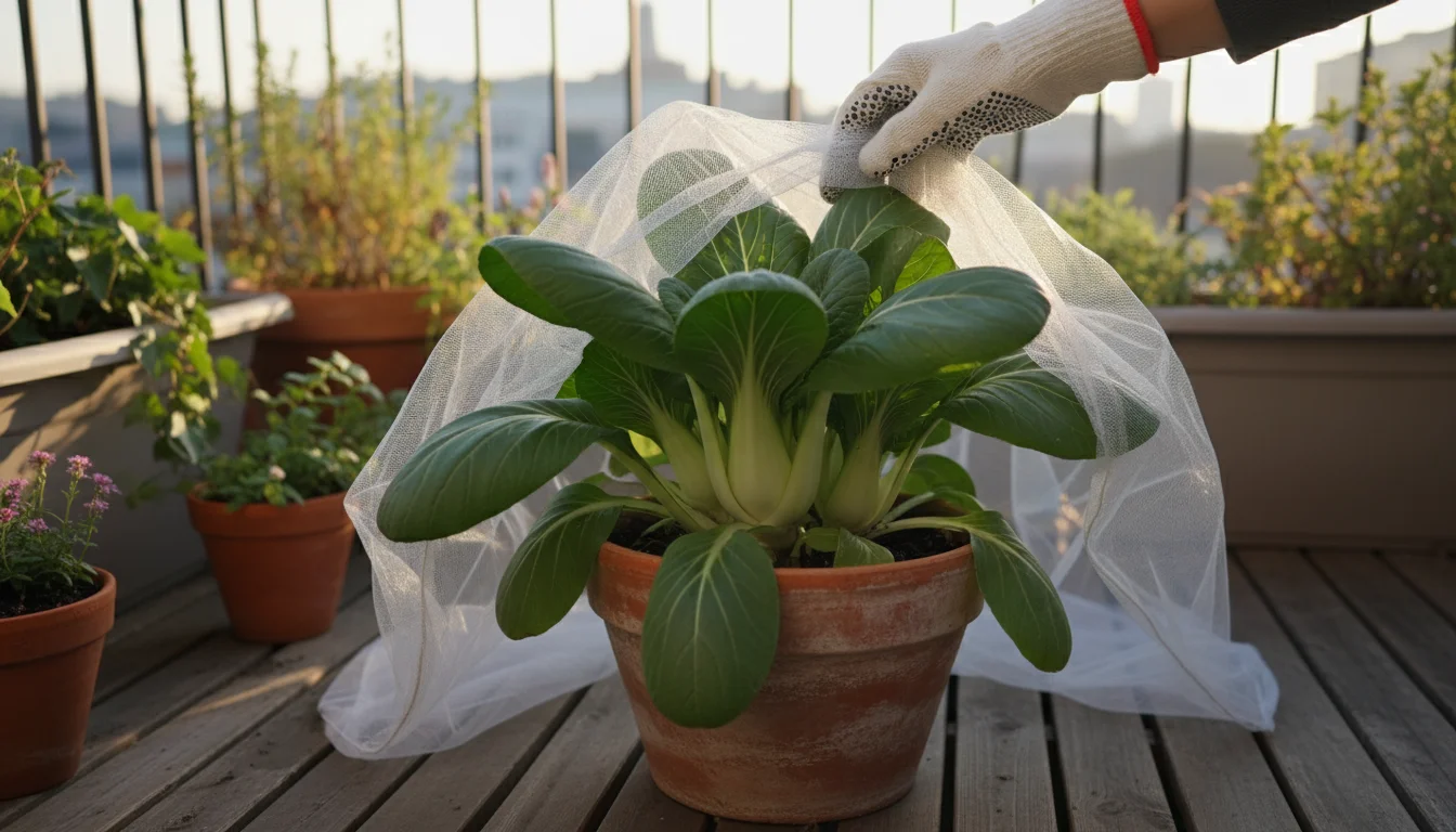A person's gloved hand lifts a white mesh cover from a lush pak choi plant in a terracotta pot on an urban balcony.