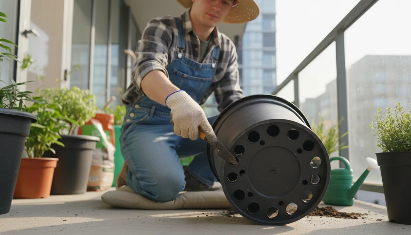 A person's gloved hand points to the multiple drainage holes on the base of a substantial dark grey plastic pot on an urban balcony.
