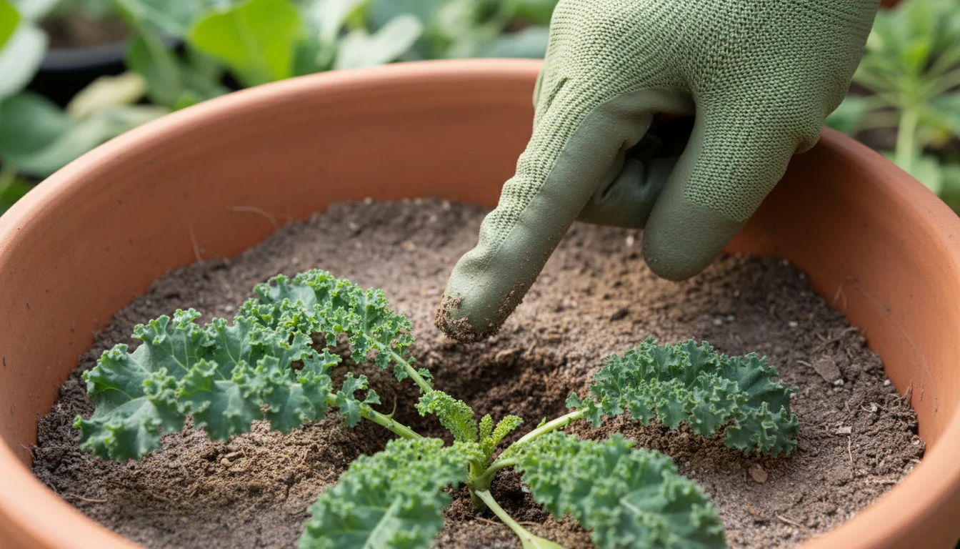 Close-up of a person's gloved hand pressing a finger into the dry-looking topsoil of a terracotta pot containing green kale leaves on a cool urban bal