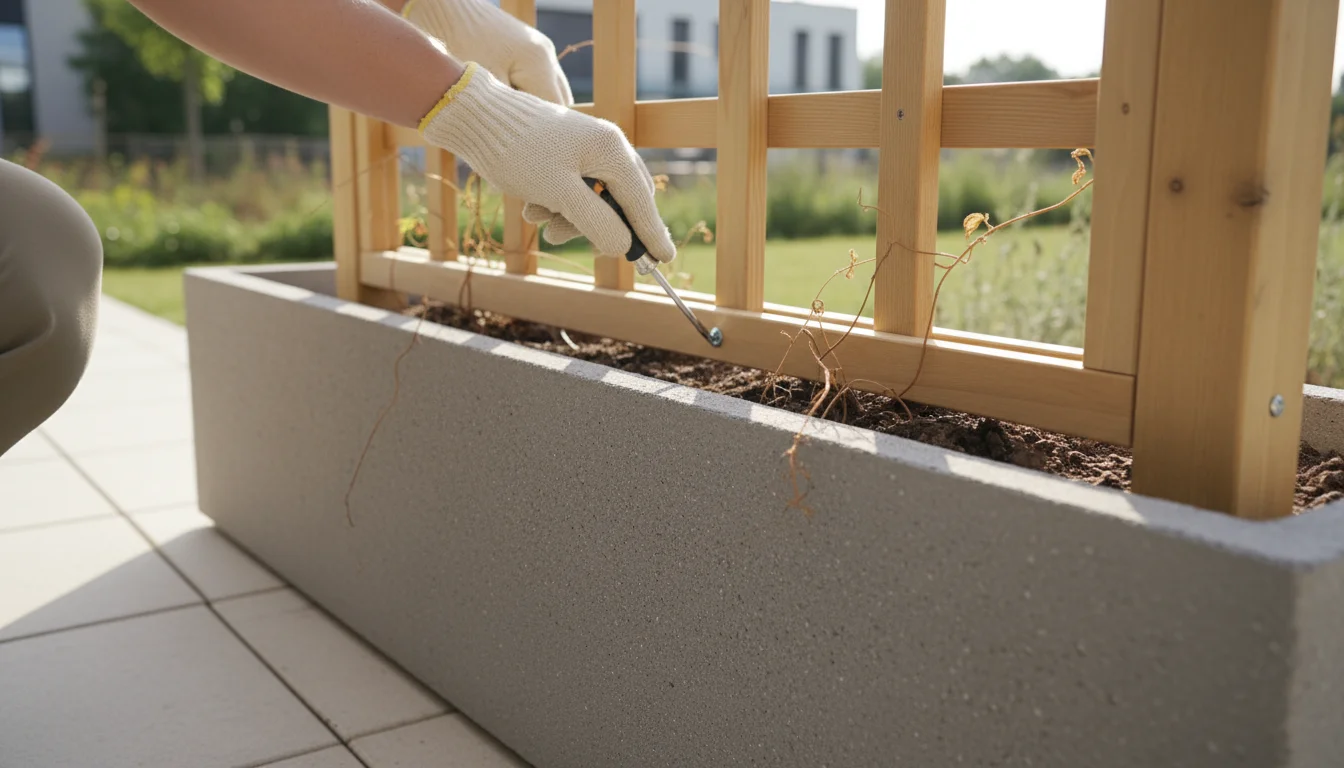 A person's gloved hand tightening a screw on a light wooden trellis attached to a planter box on a patio, with autumn leaves.