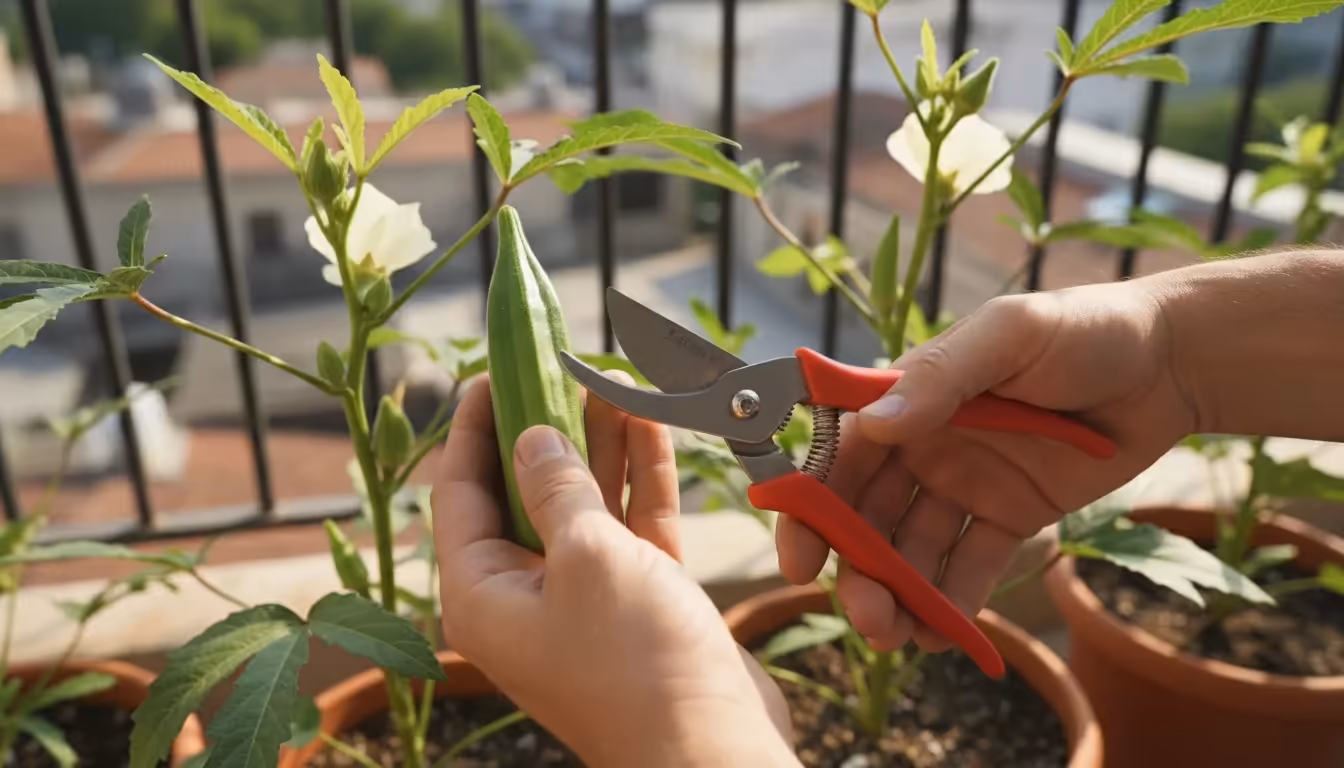 A person's gloved hand uses garden shears to carefully cut a fresh green okra pod from its stem on a tall plant in a deep pot on a sunny balcony.