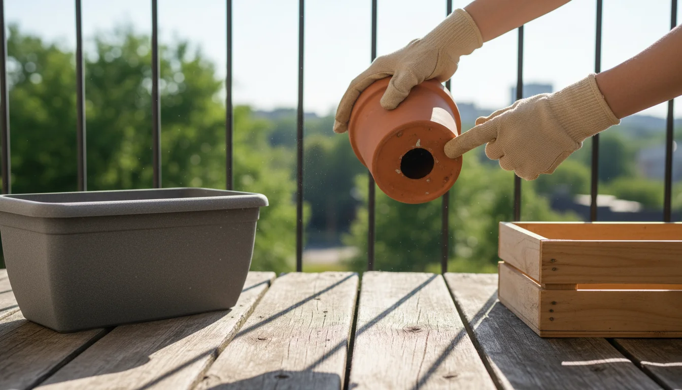 Person's gloved hands on a balcony deck, tilting an empty terracotta pot to prominently show its large drainage hole, with plastic and wooden pots nea