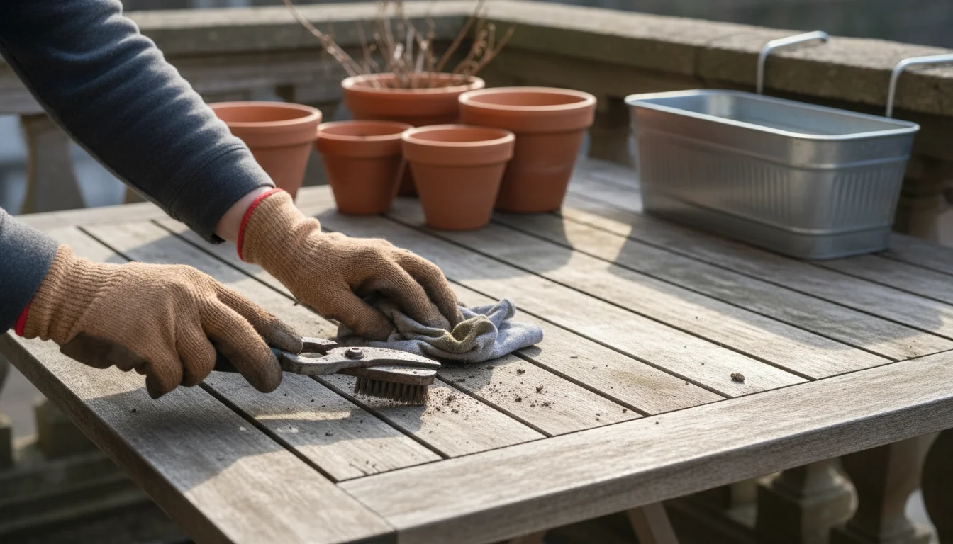 Person's gloved hands clean rusty garden pruners on a wooden table, with stacked pots and a planter box in the soft winter light.