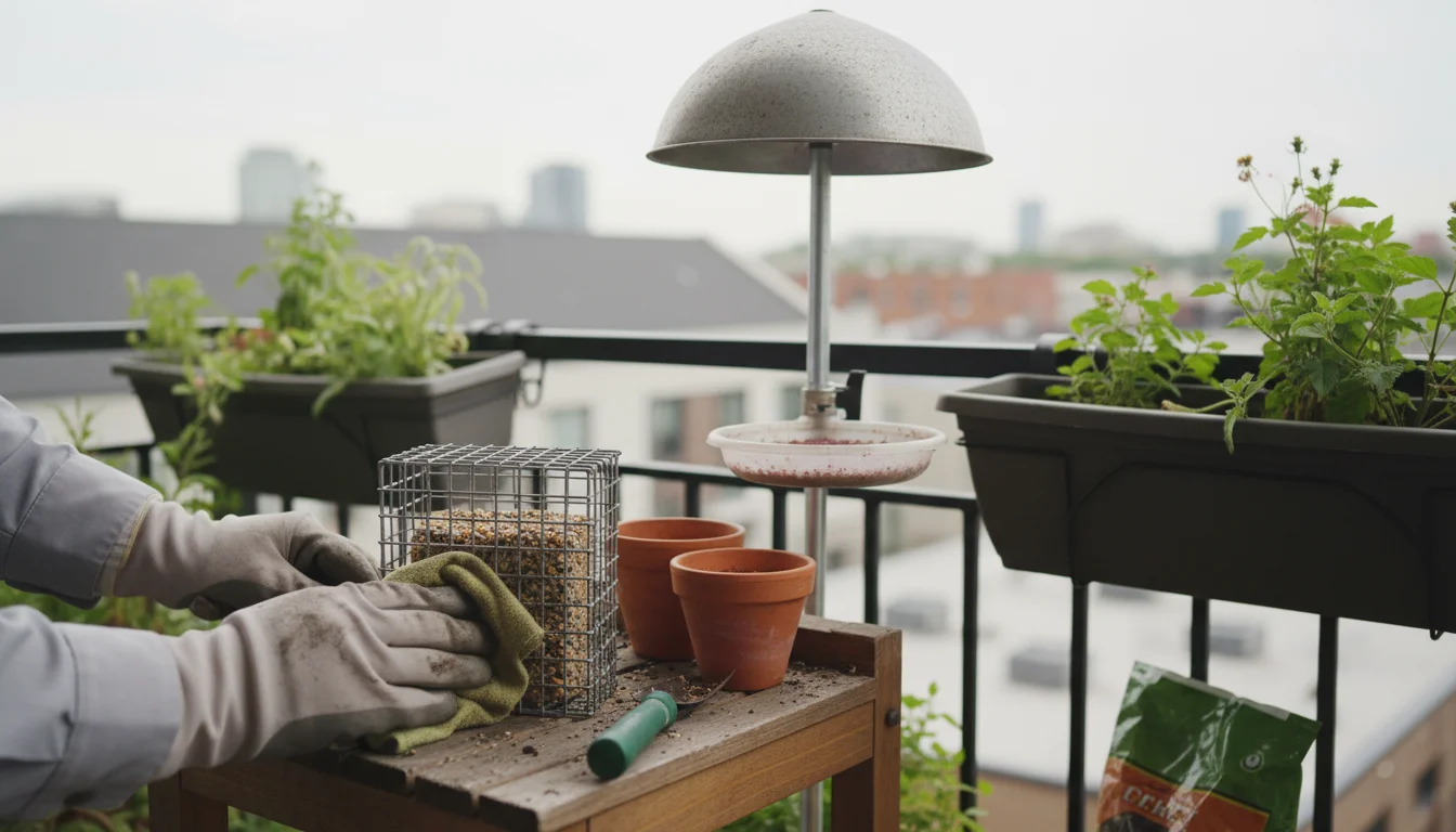 A person's gloved hands cleaning a metal suet feeder on a balcony table. A stovepipe baffle is visible on the feeder pole on the railing behind them. 