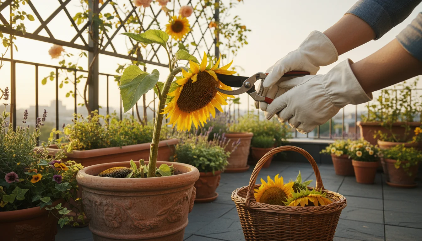 A person's gloved hands cut a sunflower head with pruners, placing it into a wicker basket on a sunny balcony.