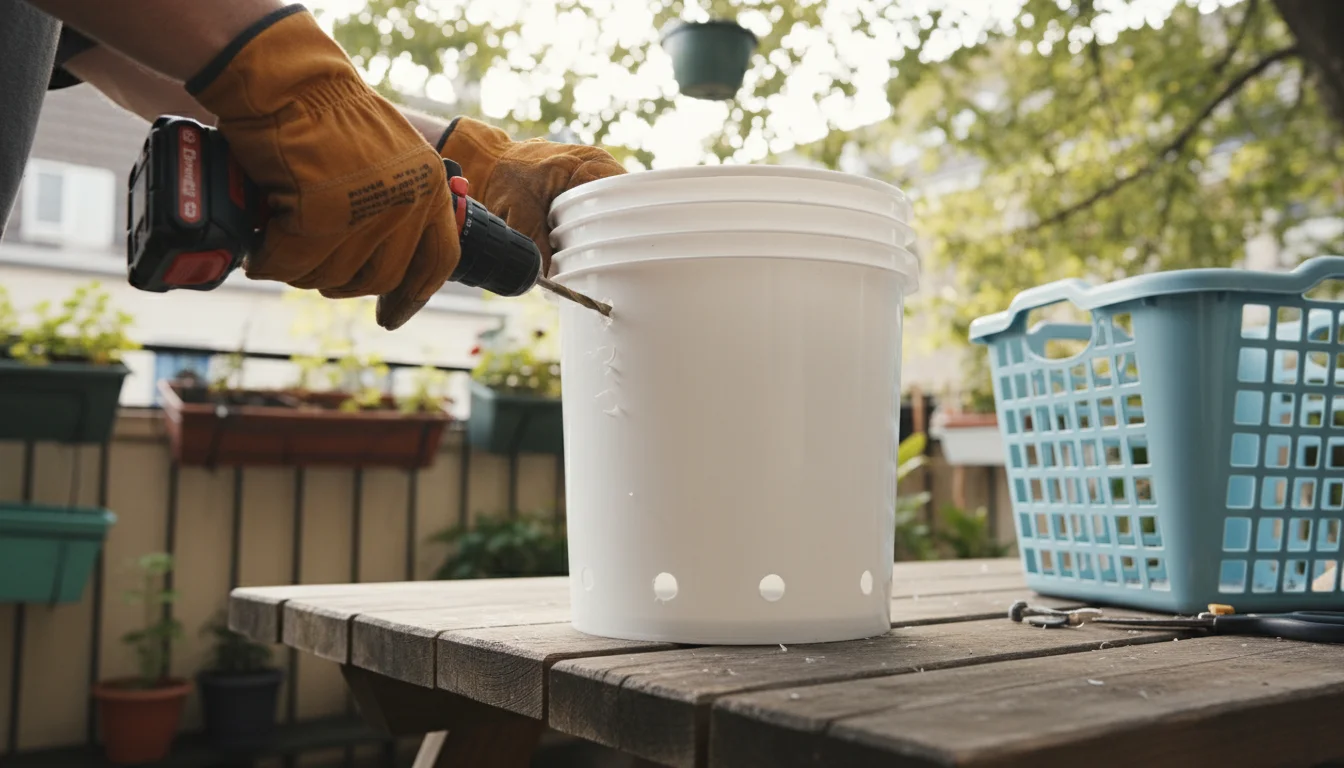 Person's gloved hands drilling drainage holes into the bottom of a white five-gallon plastic bucket, repurposed for gardening, on a simple wooden work