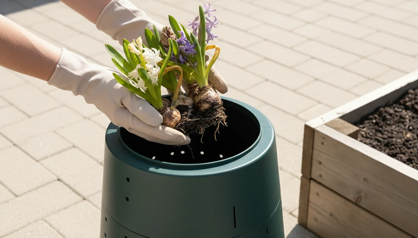 A person's gloved hands dropping spent hyacinth and paperwhite plants into a dark green compost tumbler on a patio, with stacked terracotta pots.