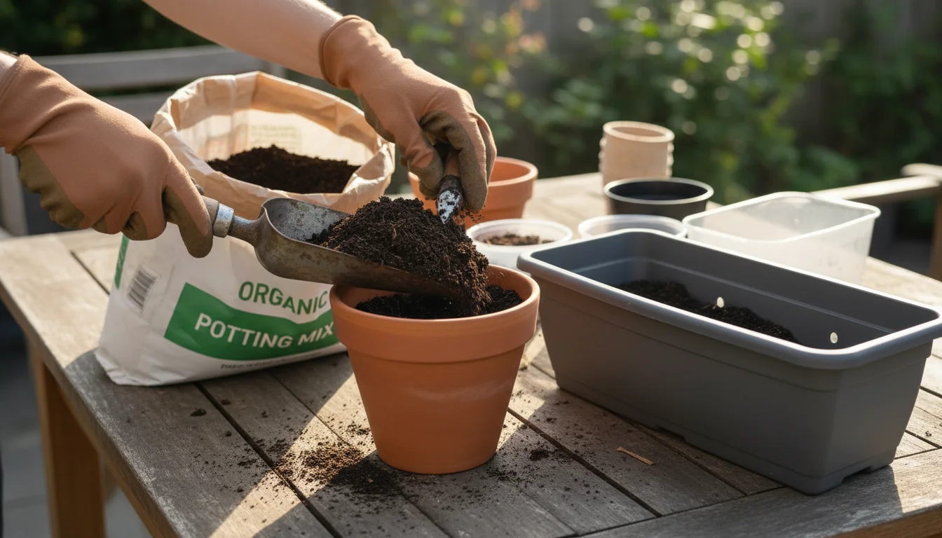Person's gloved hands filling a terracotta pot with potting mix on a patio table, surrounded by various empty containers and an open soil bag.