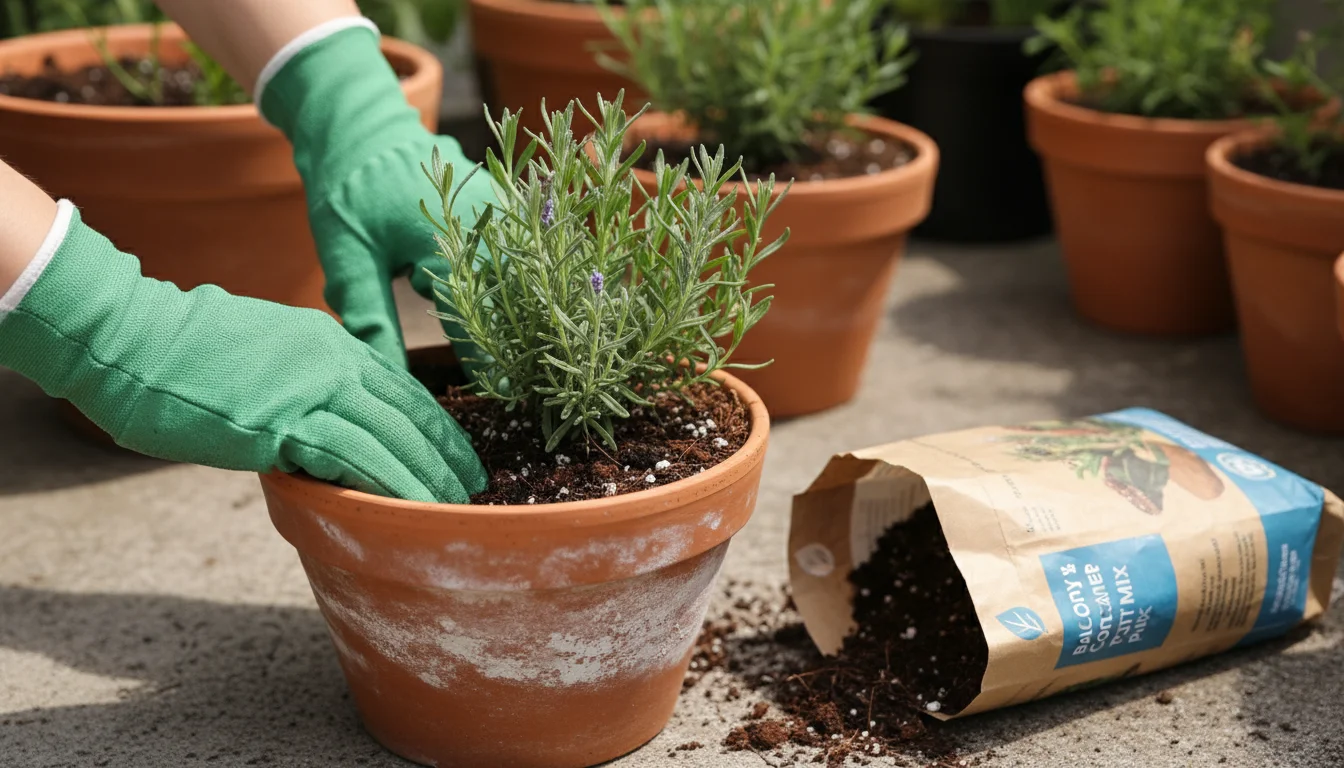 Person's gloved hands firming dark potting mix around a lavender plant in a terracotta pot on a balcony, with a potting mix bag nearby.