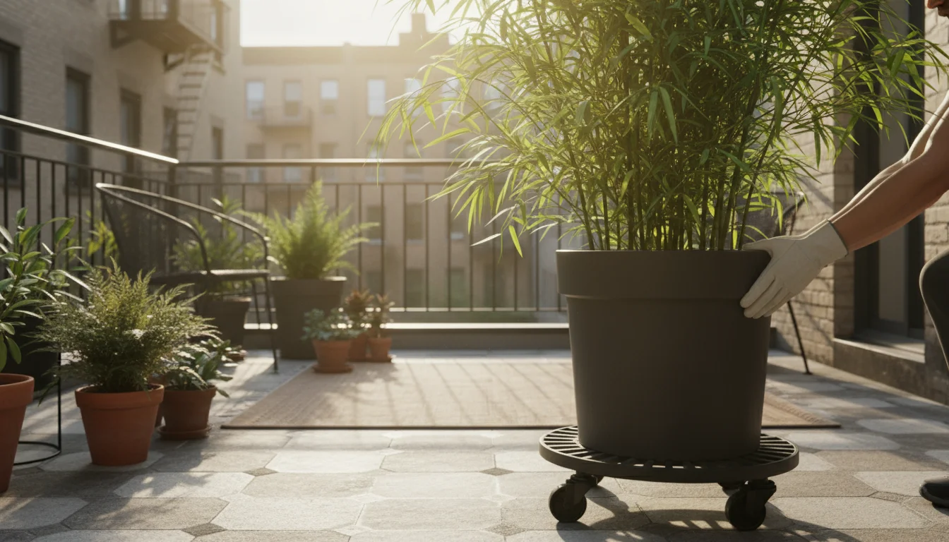 Person's gloved hands guiding a large container pot with clumping bamboo on a wheeled caddy across a patio.
