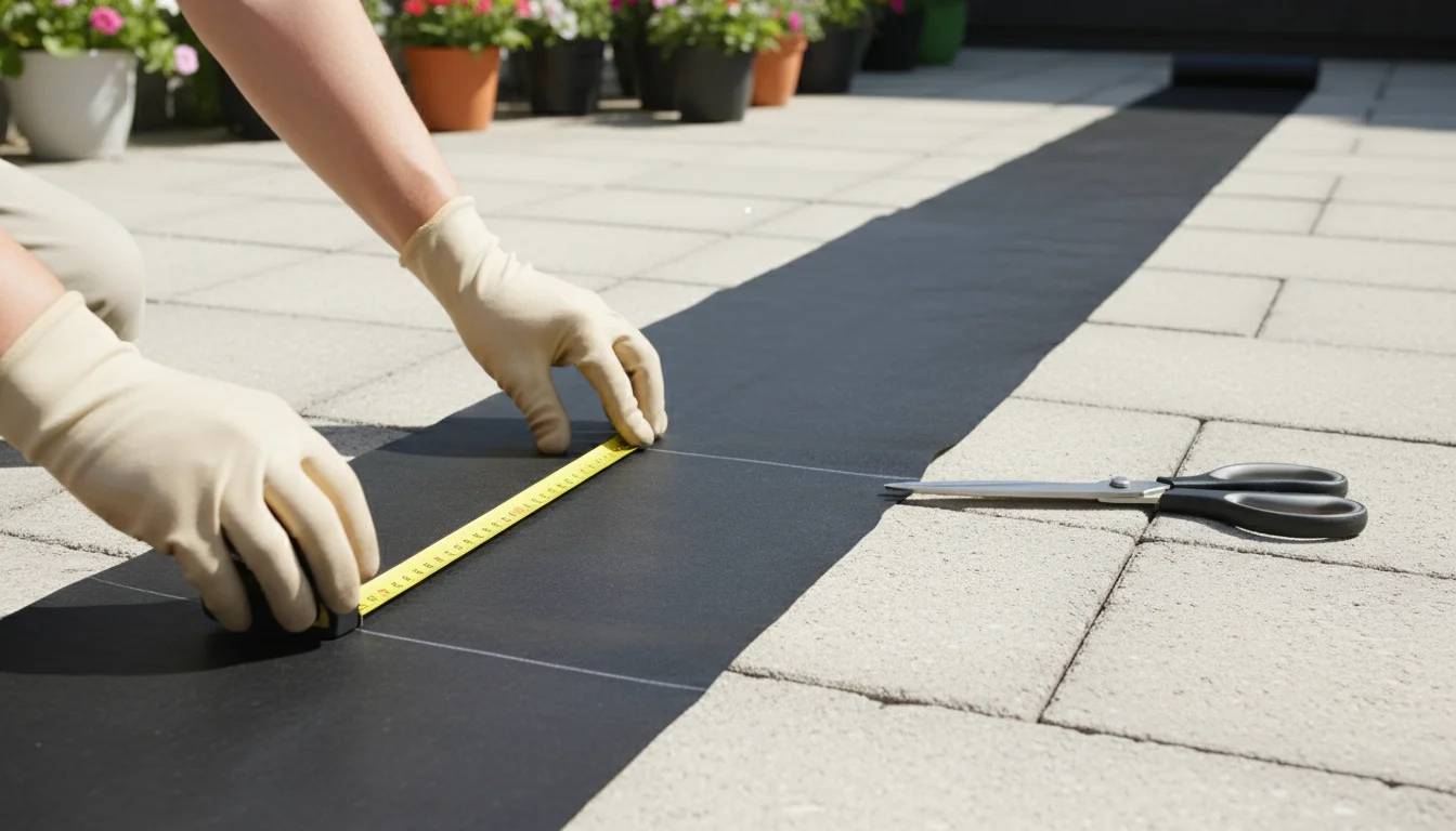 A person's gloved hands measure a dark strip of landscaping fabric with a yellow tape on a light gray patio surface, with scissors nearby.