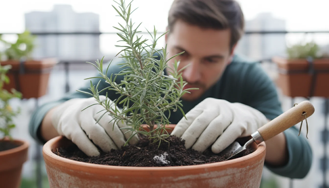 A person's gloved hands meticulously inspect the soil and stem of a rosemary plant in a terracotta pot on a balcony, looking for pests or disease.
