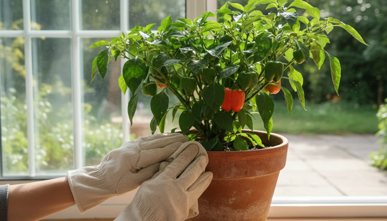 Person's gloved hands meticulously wipe a terracotta pot containing a pepper plant, positioned by an open glass door for indoor transition.