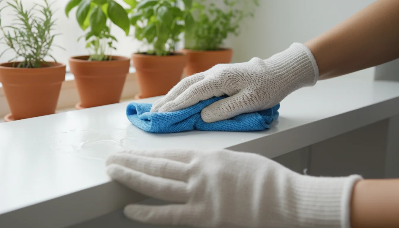 A person's gloved hands meticulously wipe a white floating shelf with a microfiber cloth, small potted herbs blurred in the background.