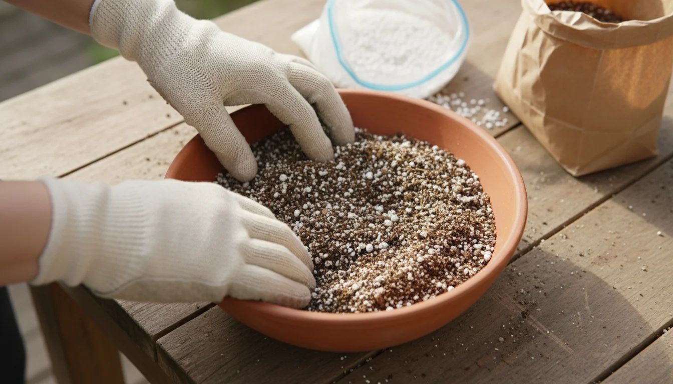 A person's gloved hands mix gritty potting soil and perlite in a terracotta bowl on a wooden bench, with a succulent nearby.