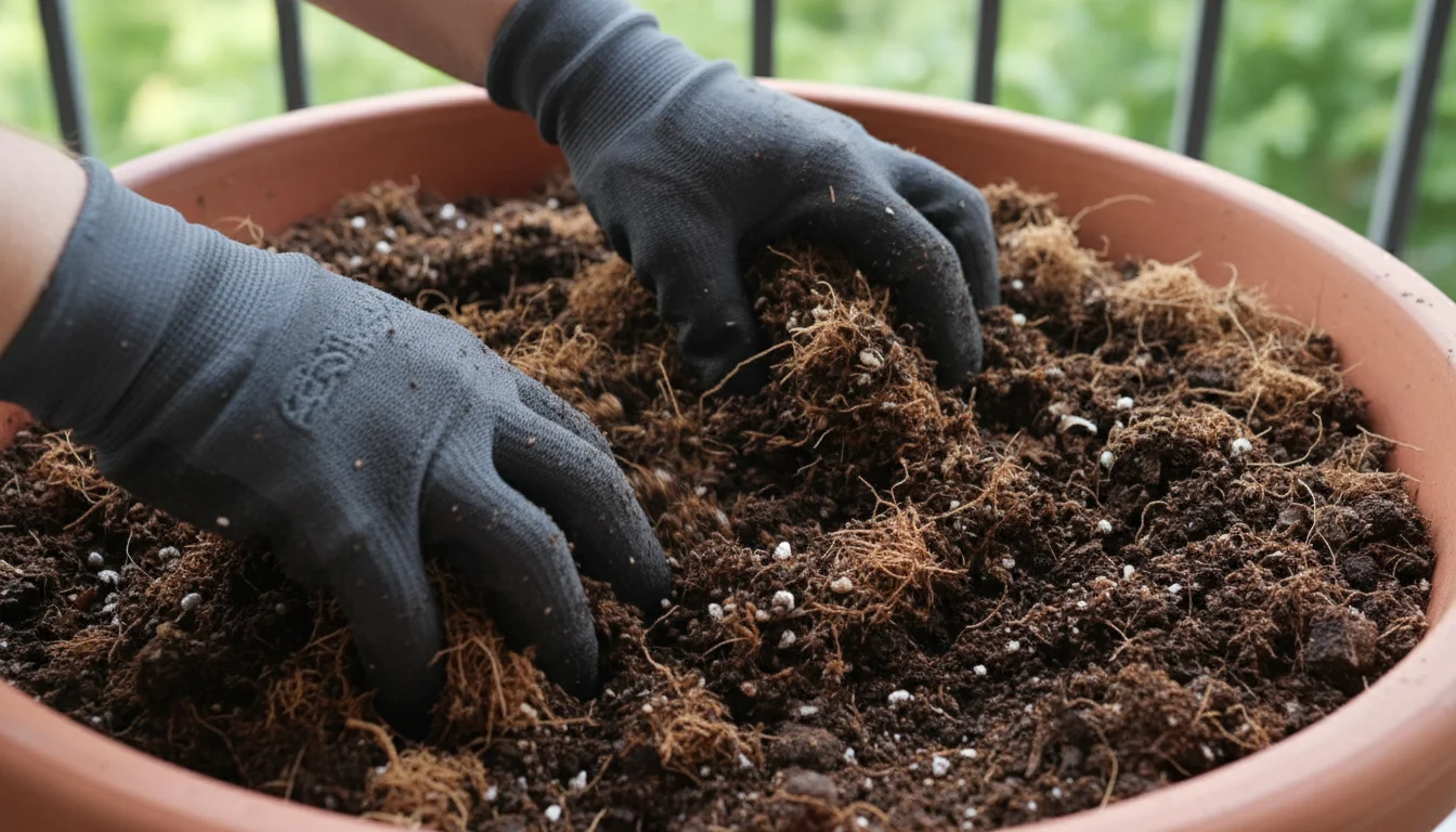 Person's gloved hands mixing dark compost and fibrous coir into soil in a terracotta balcony planter, improving drainage and aeration.