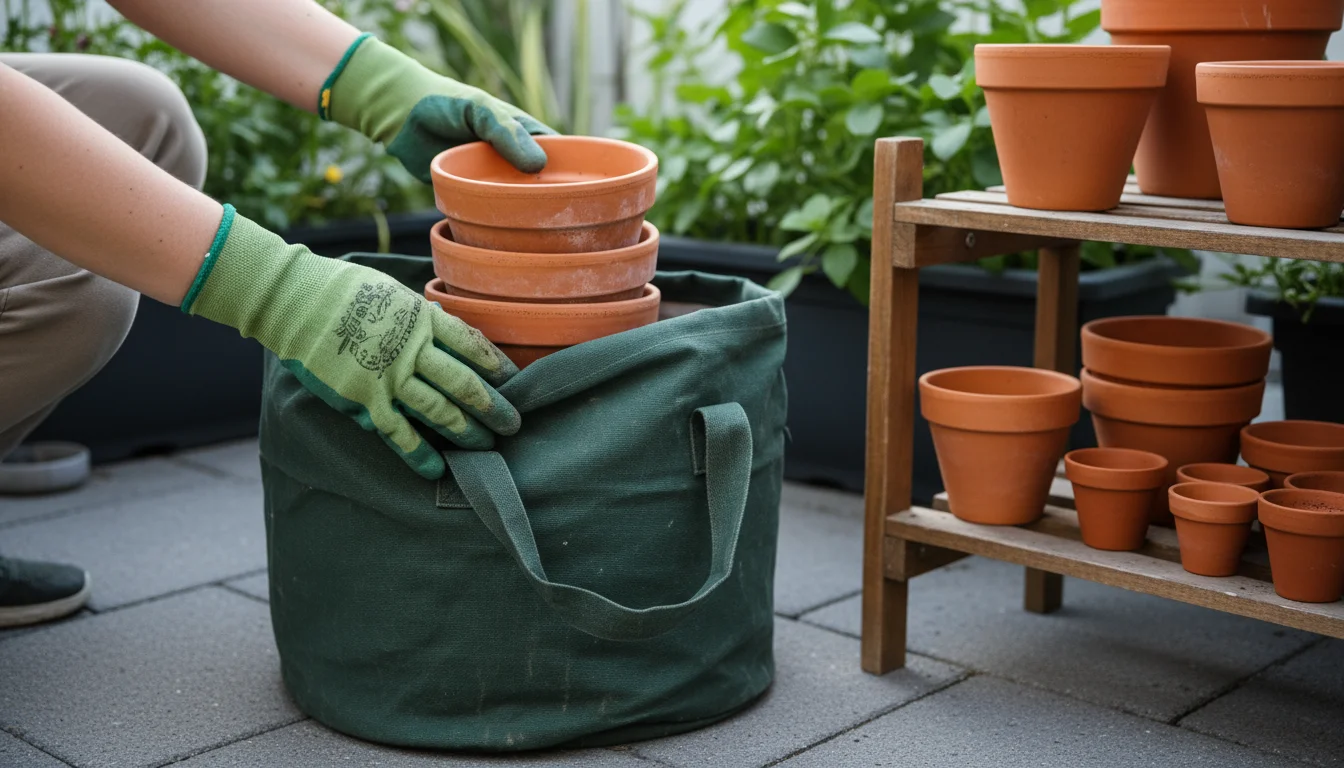 Person's gloved hands nesting clean terracotta pots into a canvas bag on a balcony for winter storage.