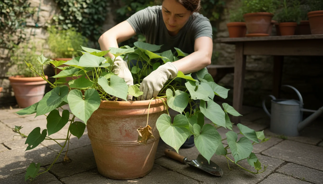 A person's gloved hands gently part the green leaves of a sweet potato plant in a terracotta pot, revealing some yellowing foliage on a sunny patio.