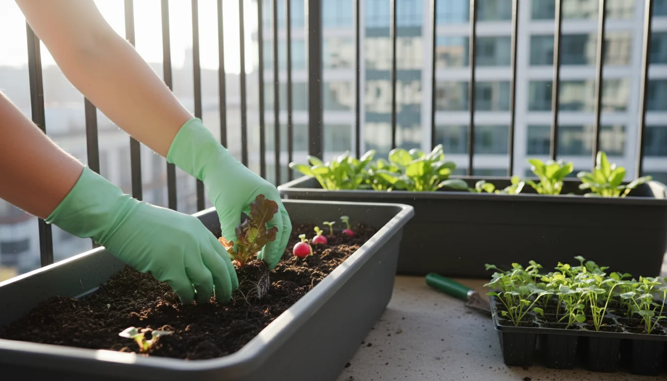 A person's gloved hands quickly plant a lettuce seedling into a modern container on a sunny balcony, surrounded by other growing fast-harvest vegetabl