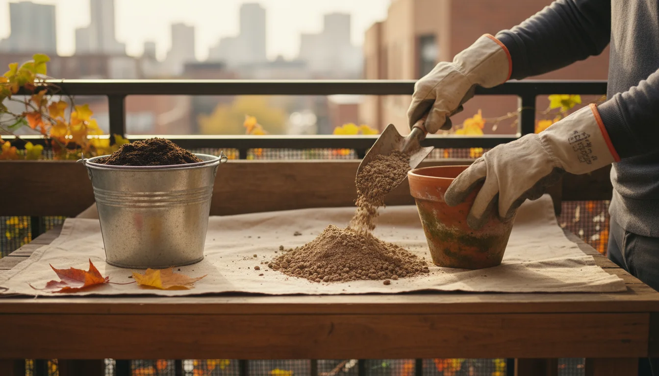 Person's gloved hands scoop depleted soil from a terracotta pot on a balcony potting bench, fresh potting mix sits nearby.