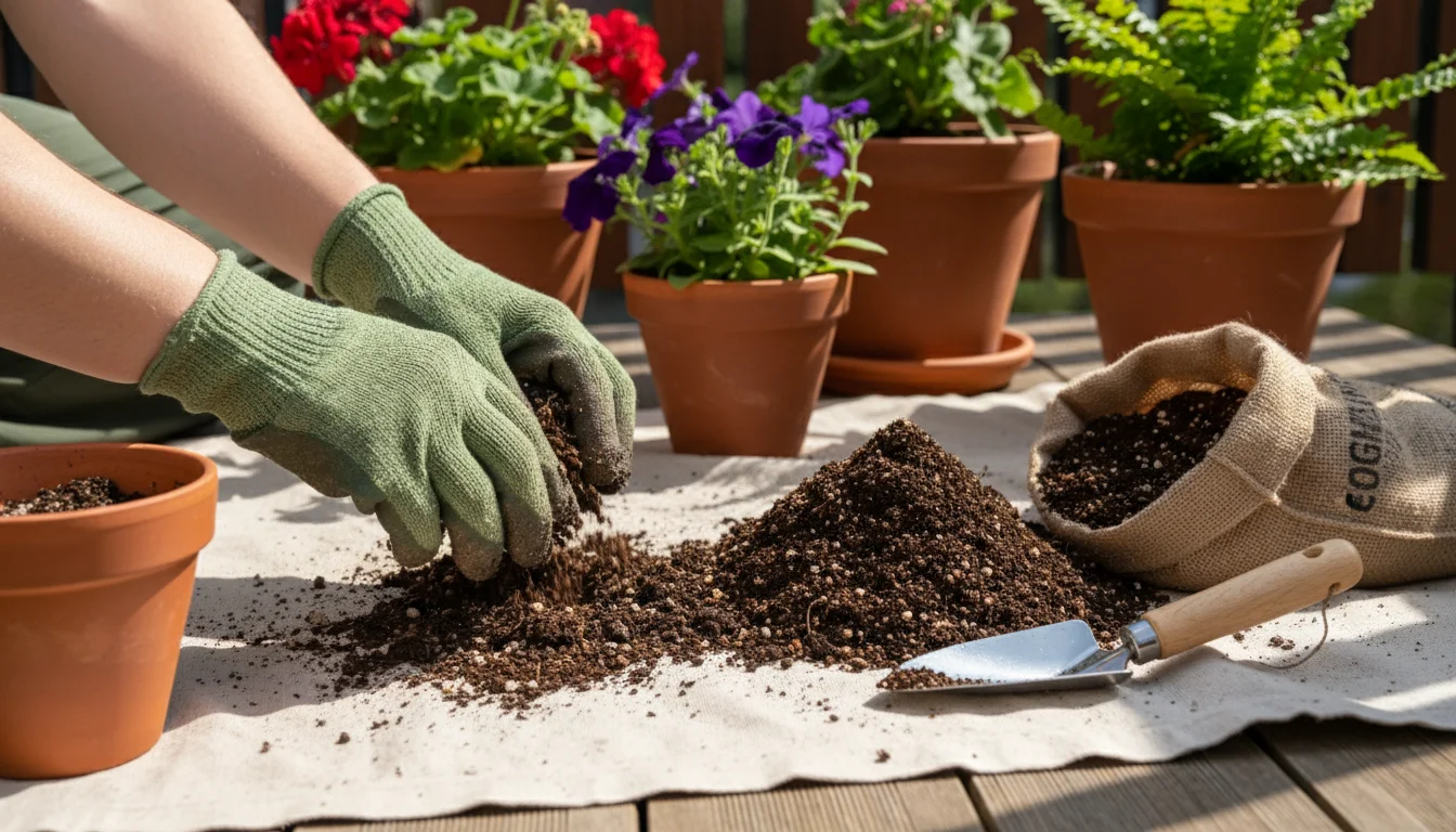 A person's gloved hands on a sunny balcony, sifting old potting soil onto a canvas tarp with fresh compost nearby.