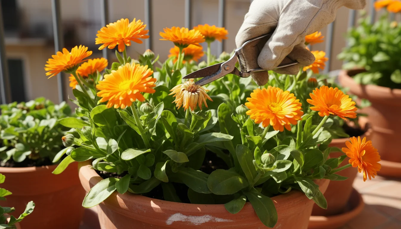 Person's gloved hands use small snips to carefully deadhead a spent orange calendula flower in a terracotta pot on a sunny balcony.