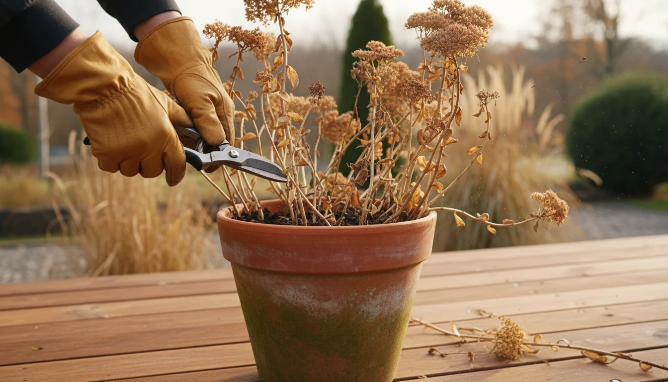 A person's gloved hands using sharp pruners to cut back dried, dormant foliage from a Sedum plant in a terracotta pot.