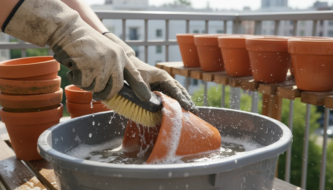Person's gloved hands vigorously scrubbing a terracotta pot in a tub on a balcony, with other pots nearby.