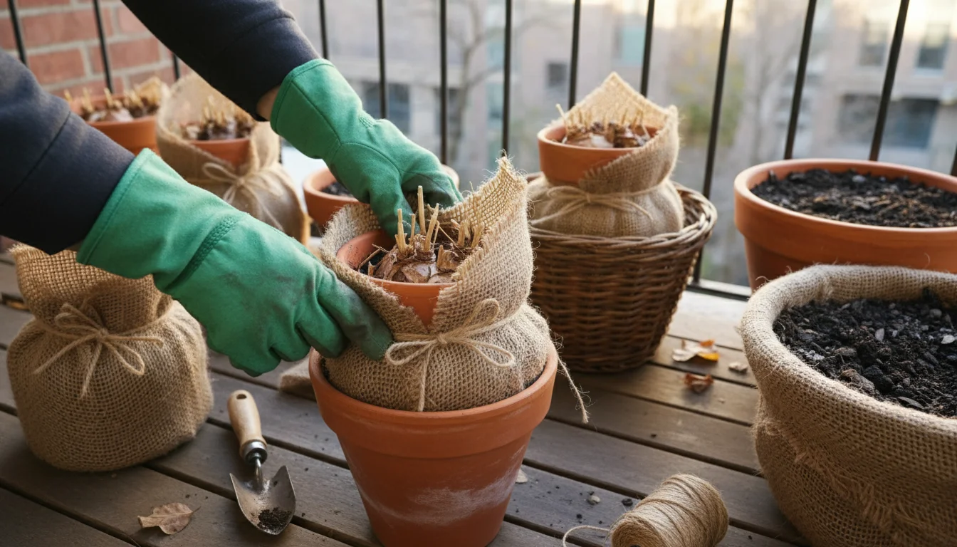 Person's gloved hands wrap a terracotta pot in burlap on a balcony, among other insulated pots clustered against a brick wall.