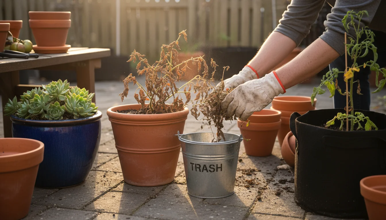 Person in gloves actively pulling spent annuals from a terracotta pot on a small urban patio, dropping them into a 'TRASH' bucket during fall cleanup.
