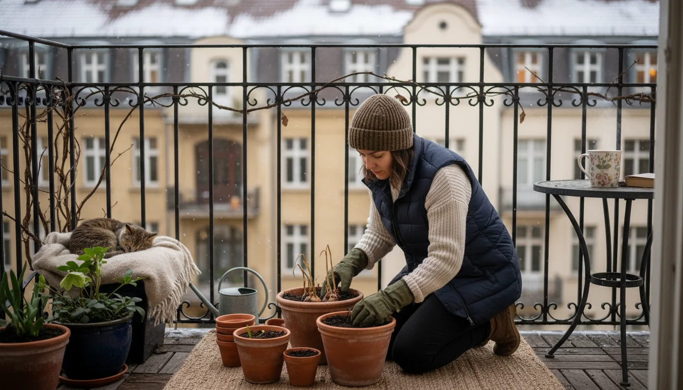 A person in gloves kneels on a winter balcony, gently checking soil in a terracotta pot with dormant bulbs, a small copper watering can nearby.