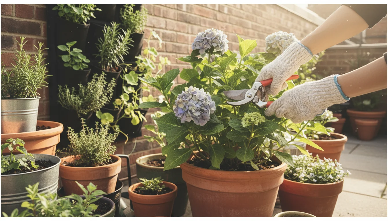 A person in gloves prunes a containerized Hydrangea macrophylla with spent blue blooms and new leaves on a sunlit urban patio.