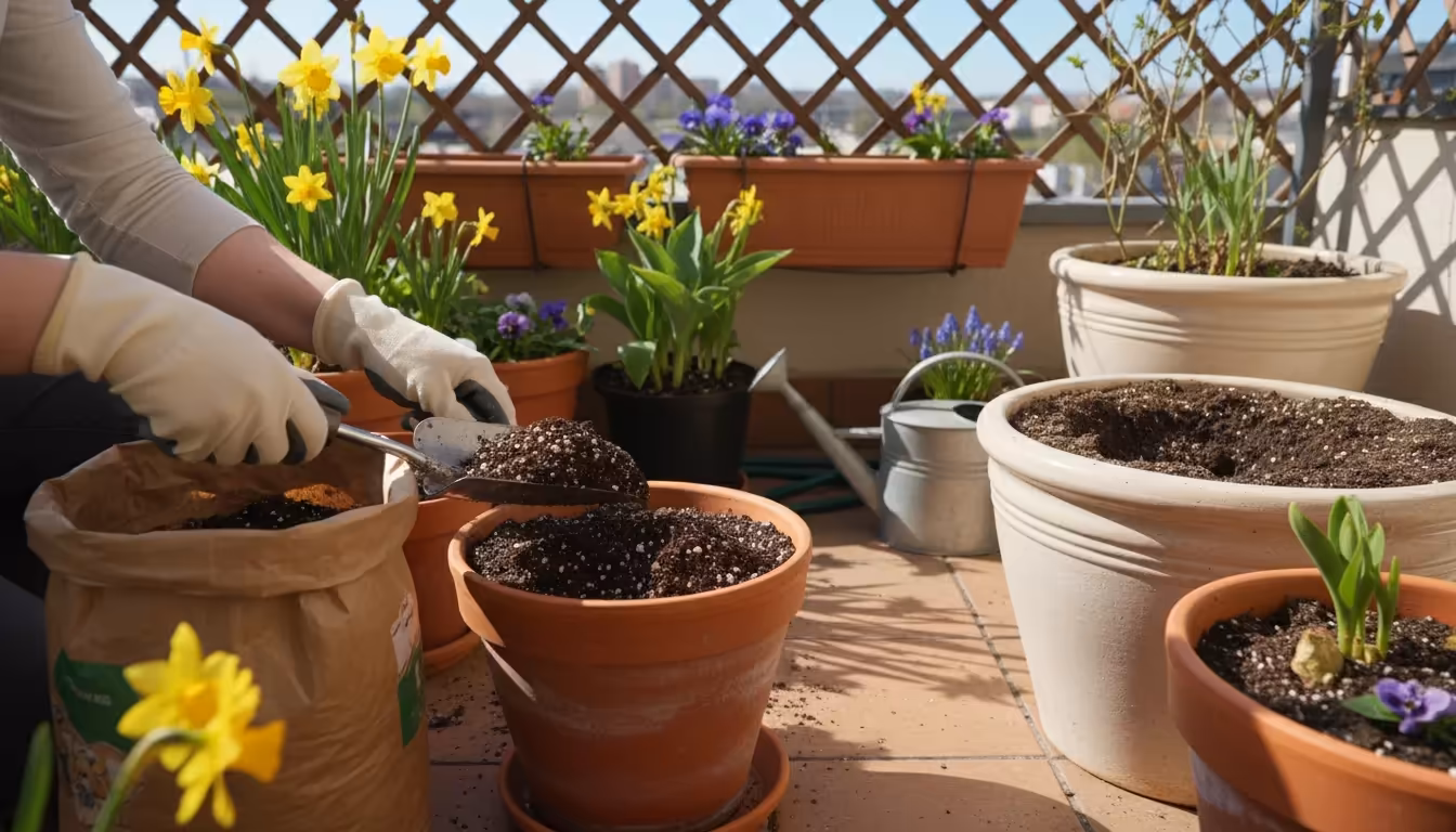 A person with gloves scoops fresh potting mix into a terracotta pot on a bright balcony. A nearby pot shows removed old soil.