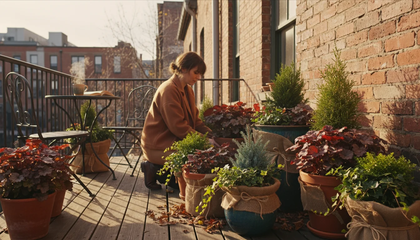 Person groups terracotta and ceramic pots with hardy plants against a brick wall on a balcony. Burlap wraps and straw insulate pots.