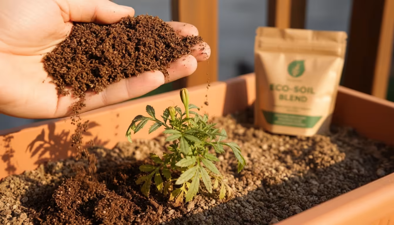 A person's hand adding dark, rich compost to the surface of a terracotta marigold planter on a balcony, with an organic fertilizer bag in soft focus.