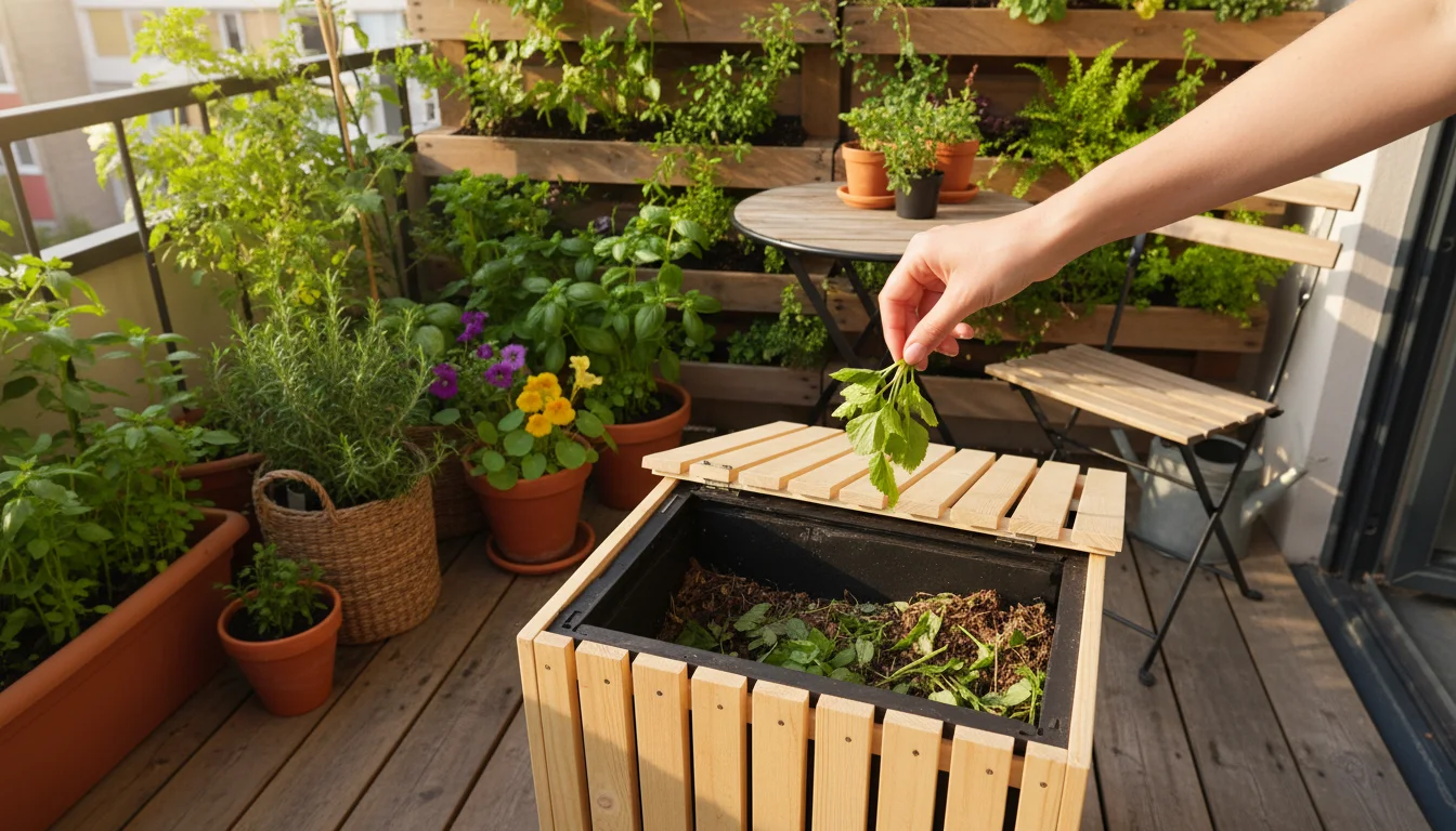Person's hand adds green plant trimmings to a small wooden compost bin on a sunny urban balcony, surrounded by vibrant container plants.
