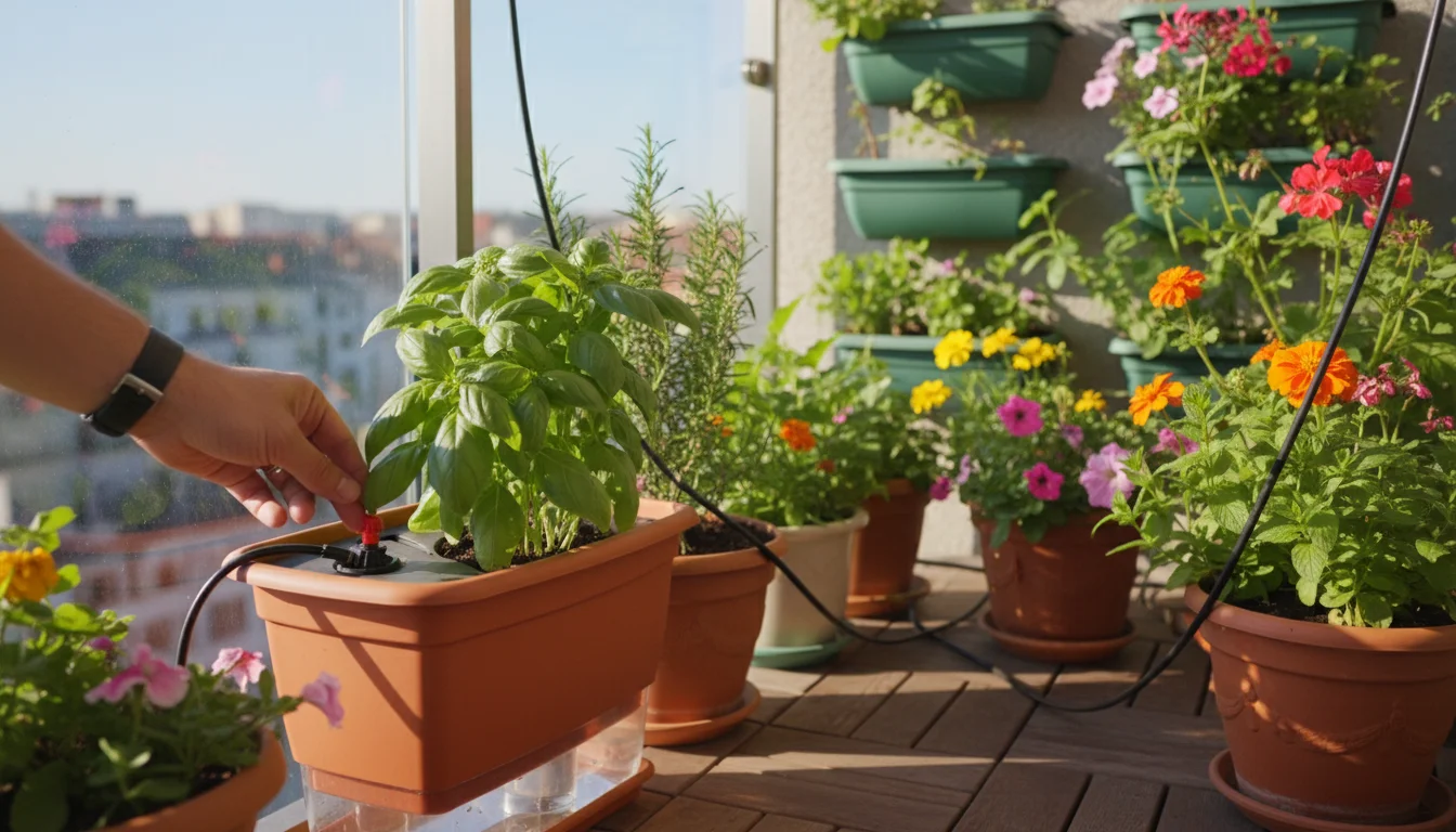 A person's hand adjusts a drip irrigation emitter among thriving container plants on a compact urban balcony, with a self-watering pot visible.
