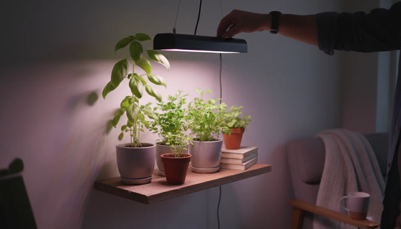 A person's hand adjusts a full-spectrum LED grow light over potted leggy basil and vibrant parsley in a compact indoor setup with a visible timer.