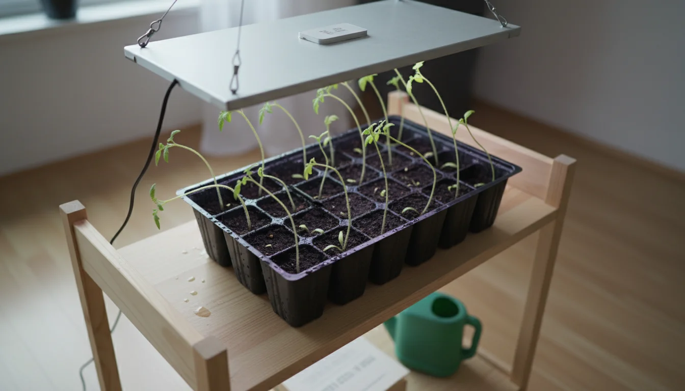 A person's hand adjusts a hanging LED grow light closer to leggy seedlings in a small apartment seed tray.