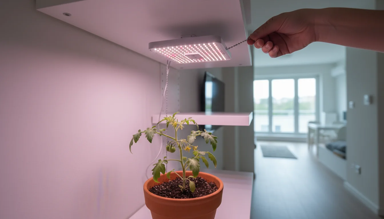 A person's hand adjusts the height of an LED grow light suspended from a simple white shelf above a small potted tomato plant.