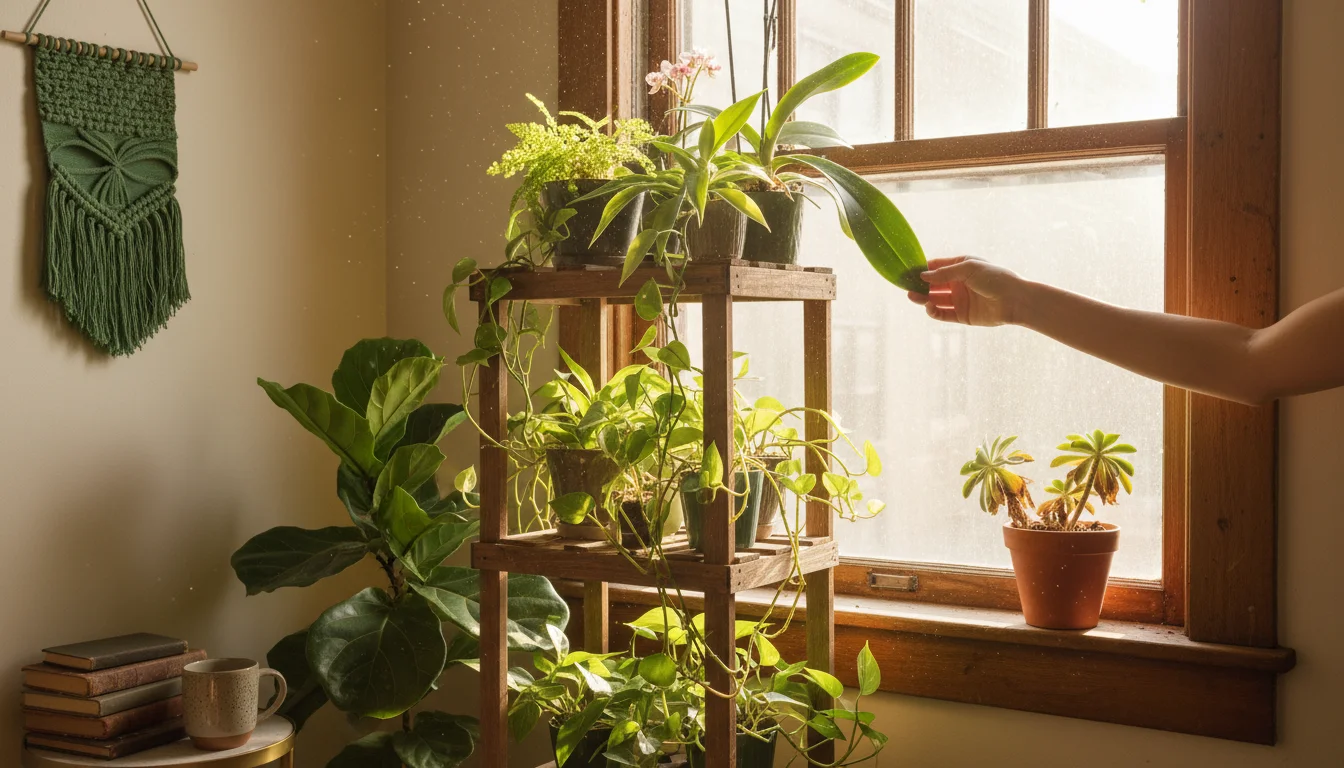A person's hand adjusts a leafy plant on a wooden plant stand, positioned a foot from a window with sunlight streaming in.