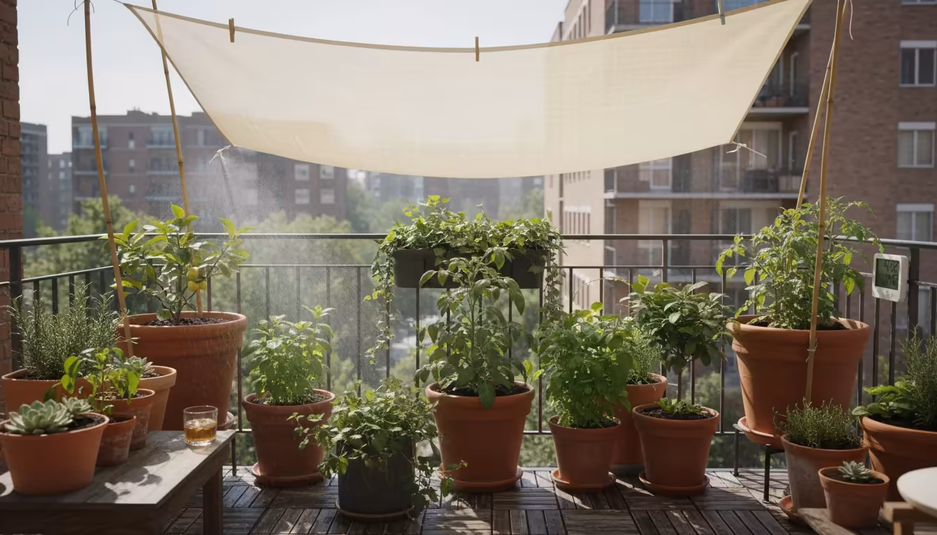 A person's hand adjusts a light beige shade cloth protecting a variety of potted plants from direct sun on a small, hot urban balcony.