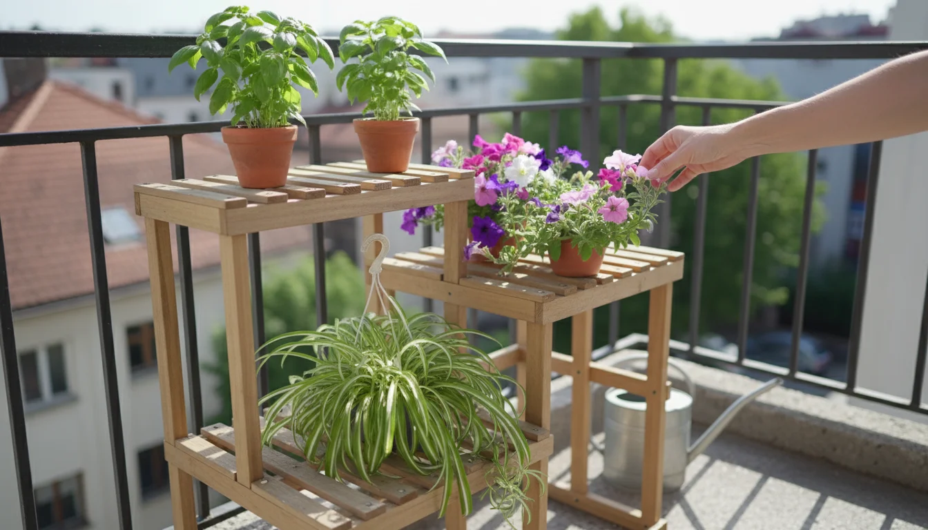 A person's hand adjusts a terracotta pot on a multi-tiered wooden plant stand on a small urban balcony, surrounded by other container plants.