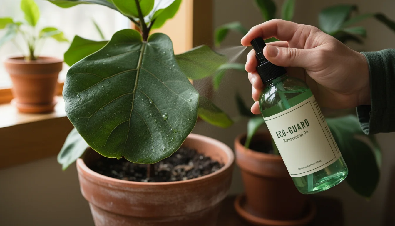 Person's hand applies mist from eco-friendly spray bottle to underside of a green leaf showing tiny pest signs on a sunny balcony.