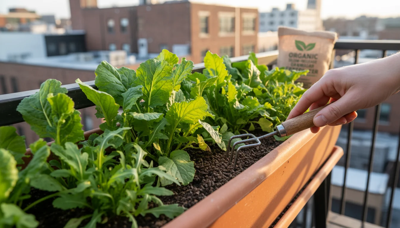 A person's hand applying granular organic fertilizer to spicy mustard and wasabi arugula in a rustic terracotta window box using a small hand tool.